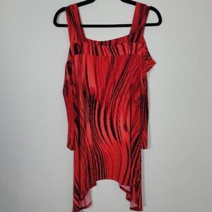 Clara Sun Woo Cold Shoulder Tunic Top Size L Asymmetric Red Black Artsy Stretch